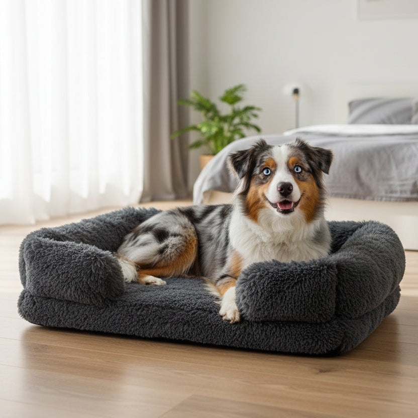 Australian shepherd dog sitting in his calming gray dog bed in a living room