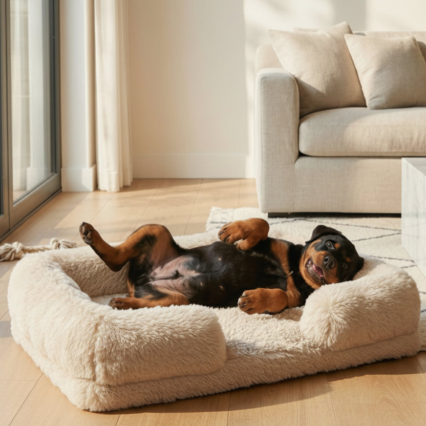 Rottweiler lying on a fluffy pet bed in a modern living room with a couch and plants.