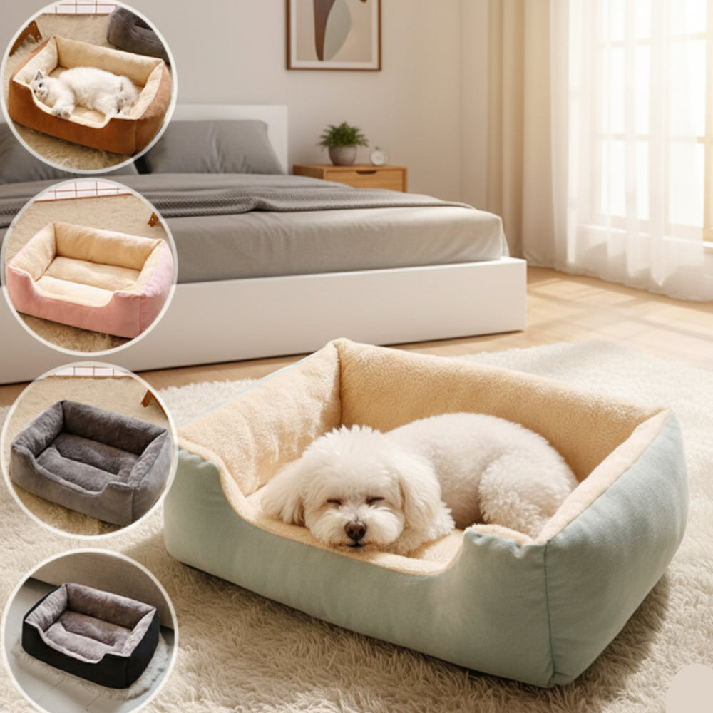 A fluffy white Bichon Frise sleeping in a light green AbbyPaw calming dog bed on a rug in a sunlit modern bedroom, with additional different color pet beds shown on the side.