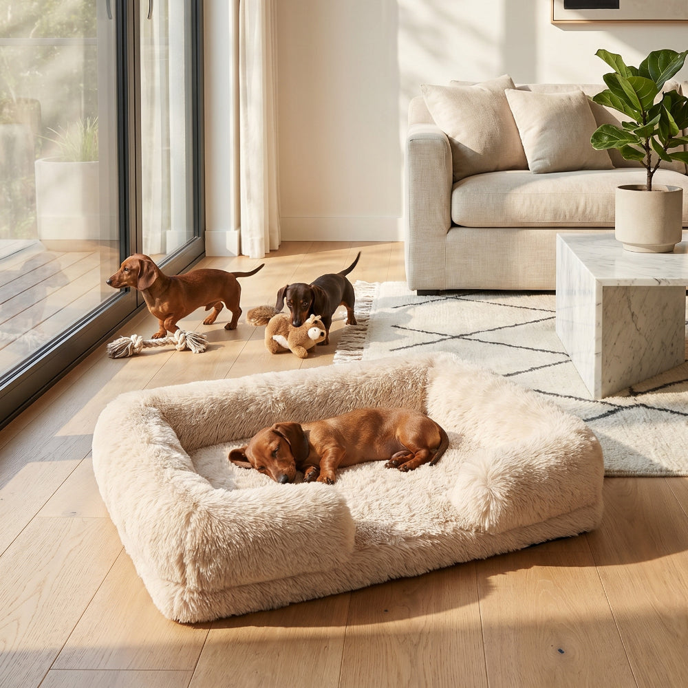 A sleeping Dachshund sinking into a soft AbbyPaw calming dog bed while others play in a bright modern living room.