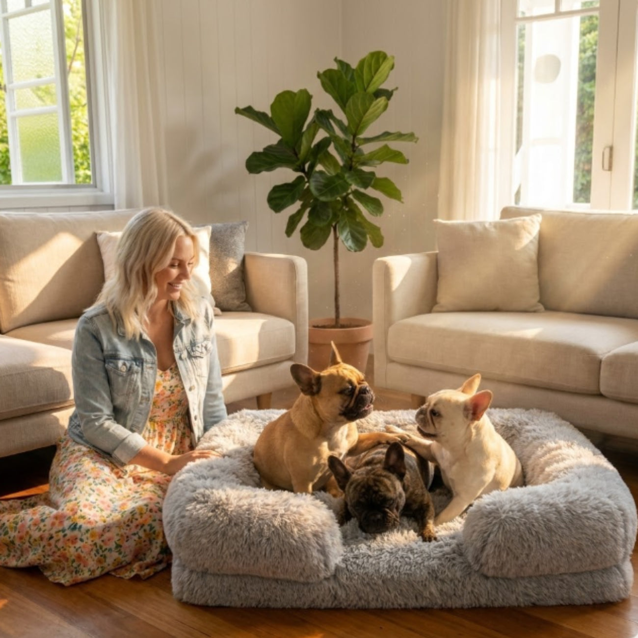 Three French Bulldogs relaxing in a fluffy AbbyPaw calming dog bed with their owner in a sunlit living room.