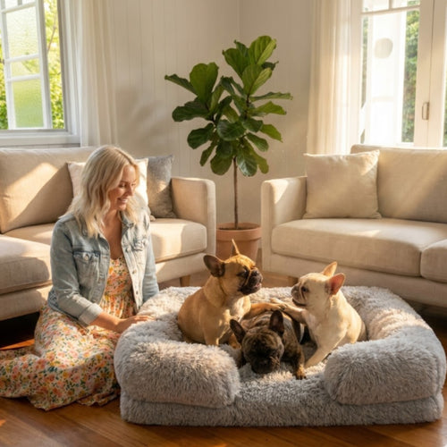 Three French Bulldogs relaxing in a fluffy AbbyPaw calming dog bed with their owner in a sunlit living room.