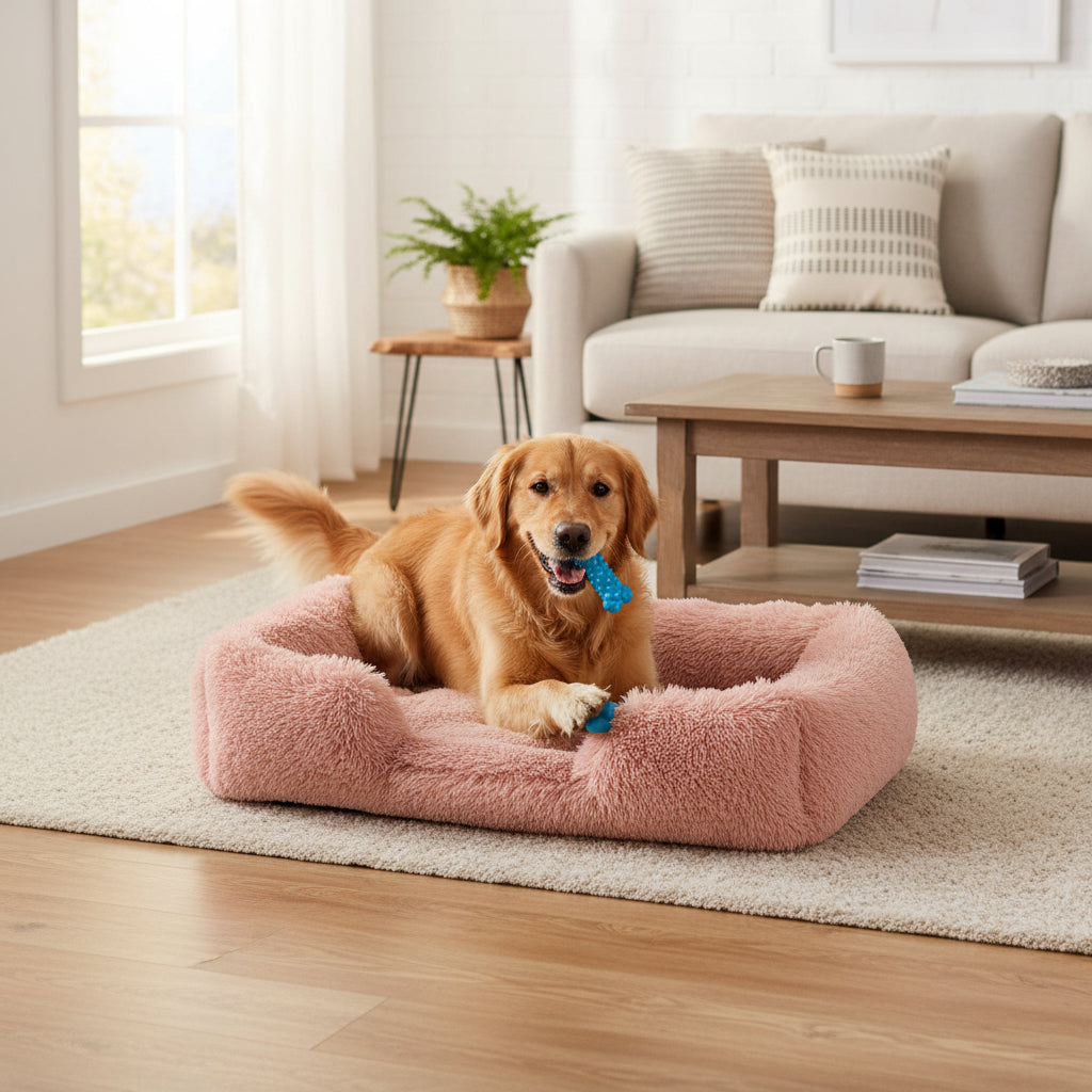 Cute Golden retriever playing a toy on his Pink fluffy dog bed 