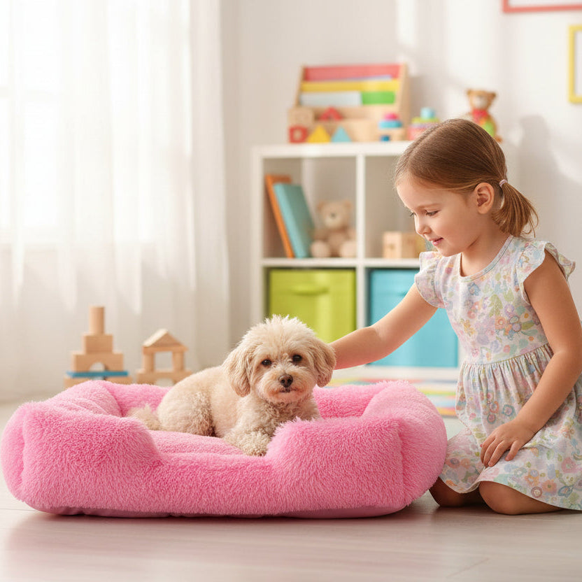 Cute poodle sleeping in a Pink fluffy dog bed with a little girl petting the puppy
