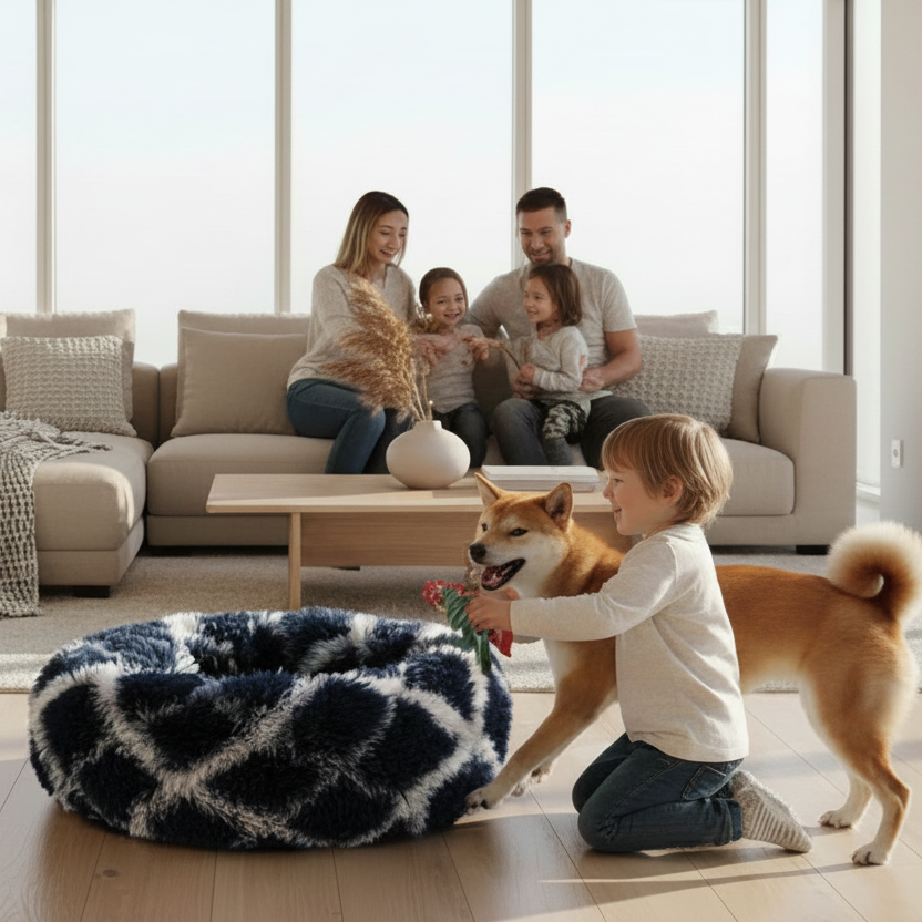 Family with a shibu a modern living room